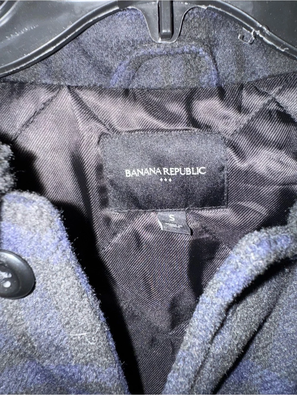 Banana Republic Men's Navy and Black Plaid Sherpa-Collar Field Jacket Size Small